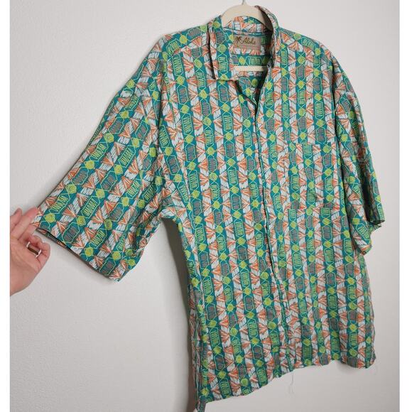 Vintage Aloha Sundays Rayon Geometric All Over Art Button Shirt Hawaiian Surf - Picture 2 of 5